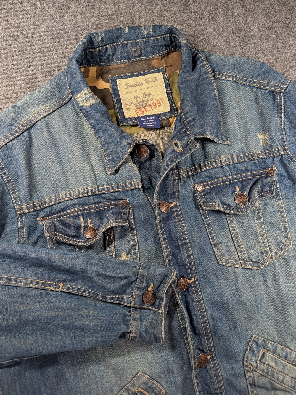 Smoke Rise Blue Denim Trucker Jacket Men's 2XL Button Front Distressed